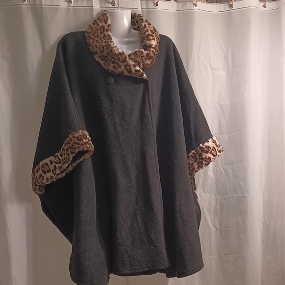 Mixit Sweaters - Mixit Black Cape with Leopard Trim